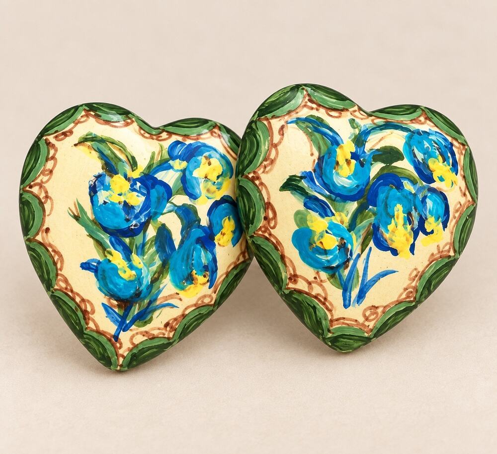 Vintage handpainted wooden heart clip on earrings floral design